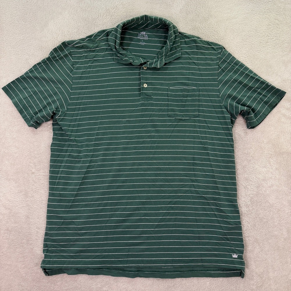 Peter Millar Men Large Polo Shirt Green Striped Mountainside Cotton Stretch Golf